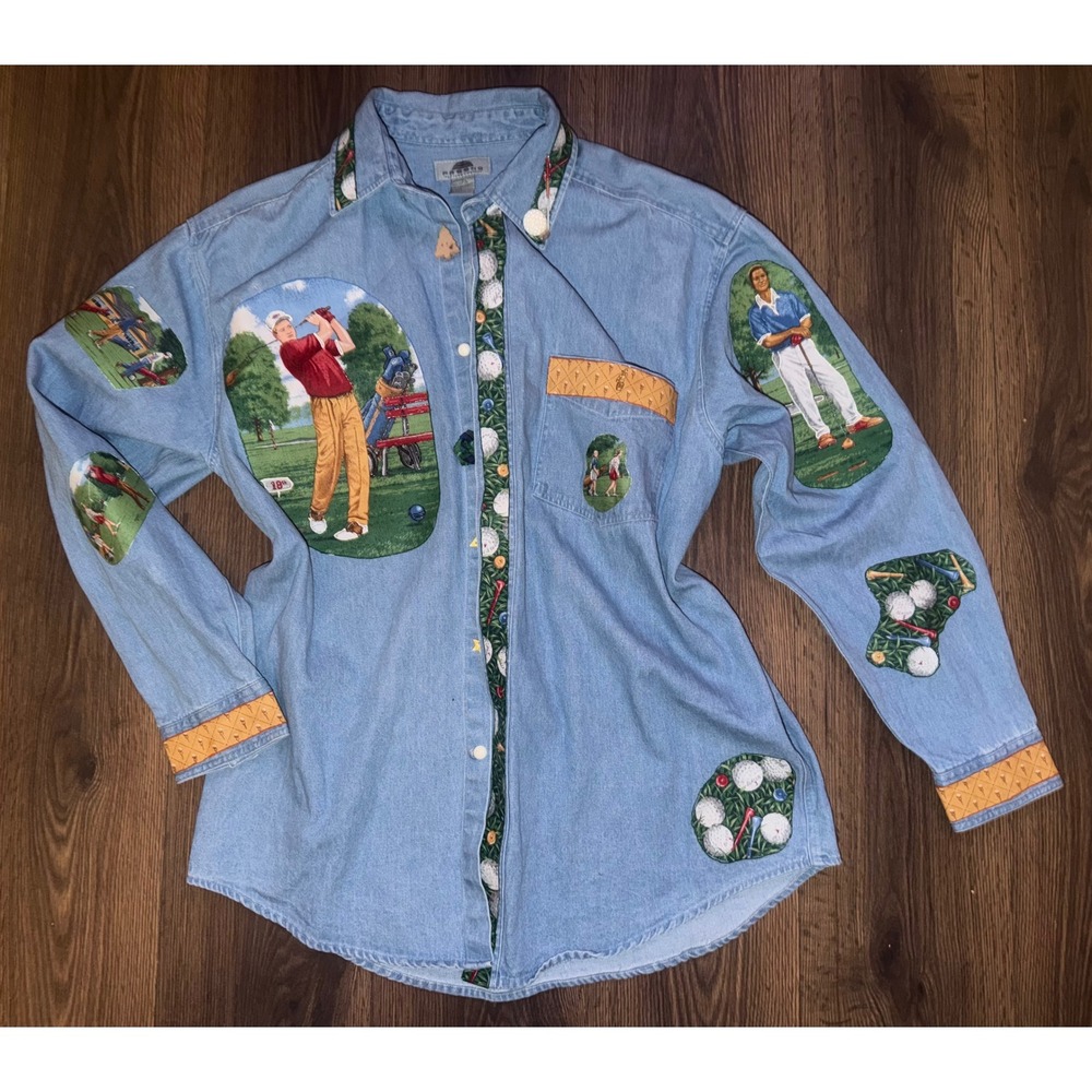 Vintage Rare Fresno Jean Company Golf Denim Patchwork Button Up